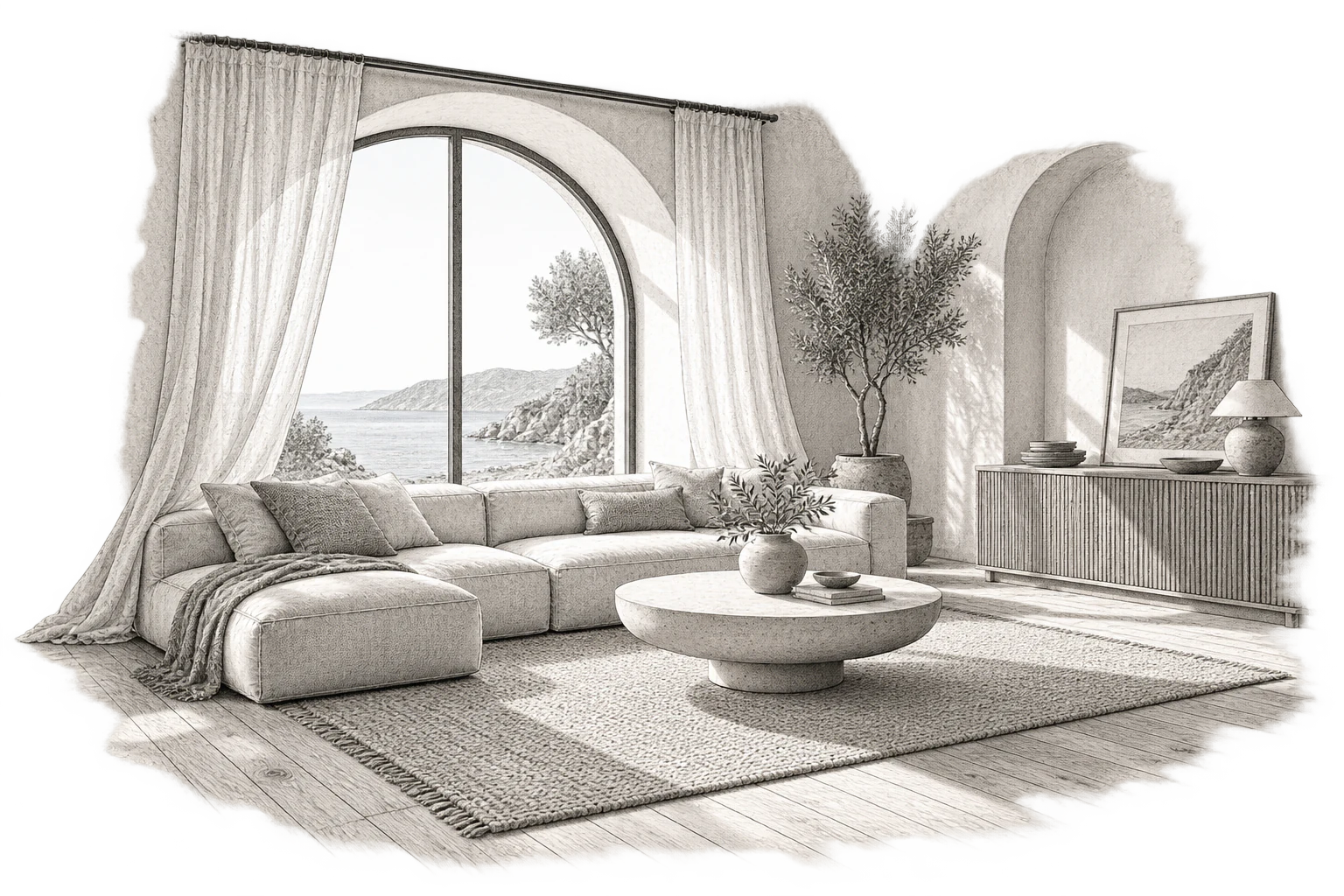 Original illustration of a warm coastal interior with arched window